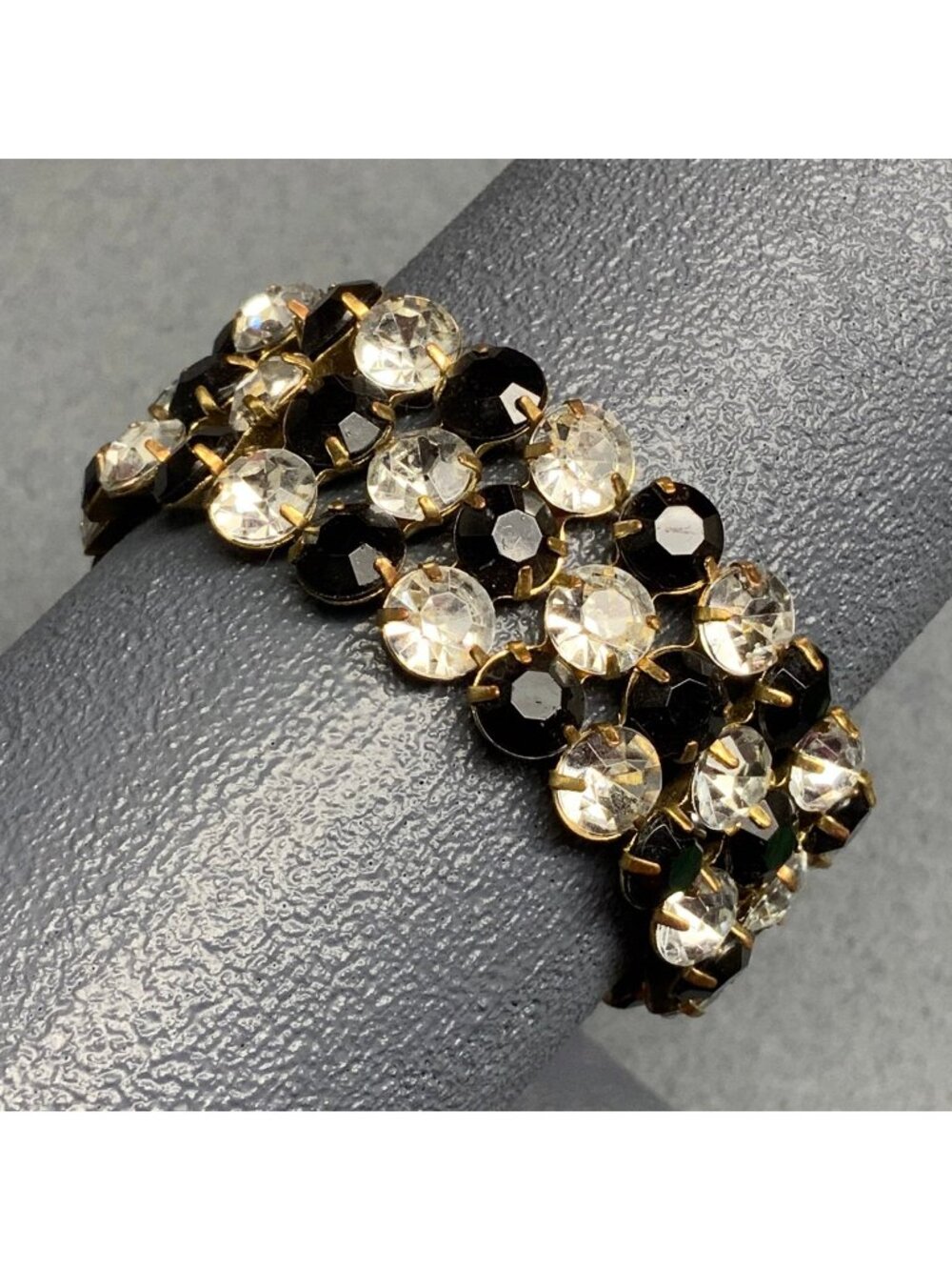 Rhinestone Bling Stretch Bracelet 7 In Black Clear Faceted Gold Glam Elegant 80s